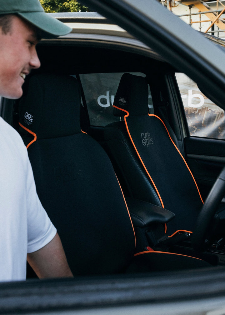 TRADIE CAR SEAT PROTECTOR - Black with Fluro Orange Binding
